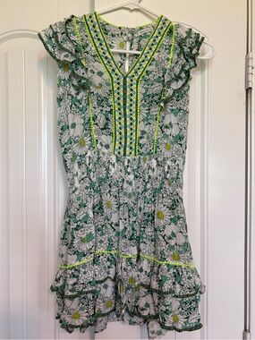 Poupette St. Barth Girls Floral Green and White Dress with Yellow Accents